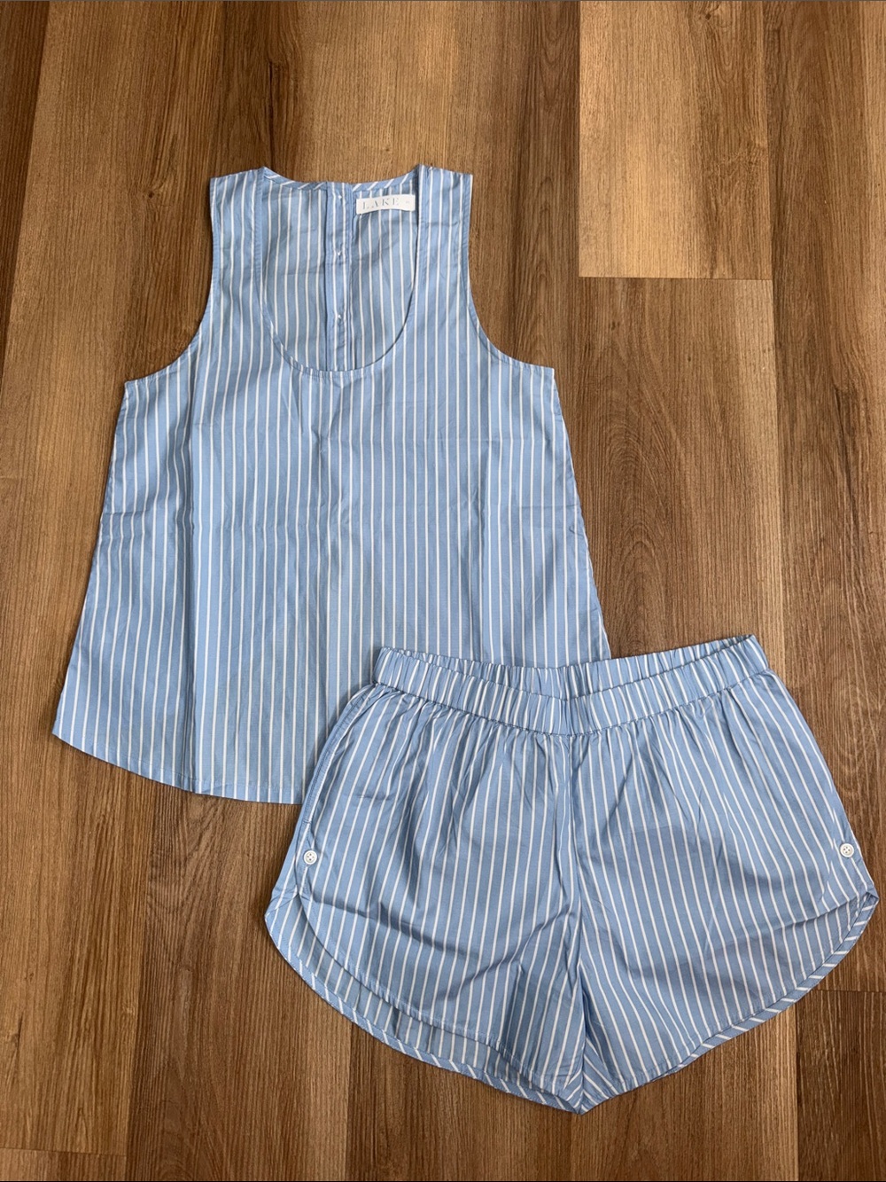 NEW LAKE Petal Tank Shorts Pajama Set in Oyster Blue White Stripe Cotton Size XS